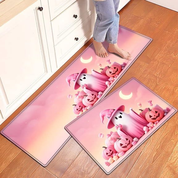 CCTFS Pink Halloween Ghost Pumpkin Candy 2Pcs Home Flannel Mat & Kitchen Rugs,Soft Non-slip for Bathroom Entryway