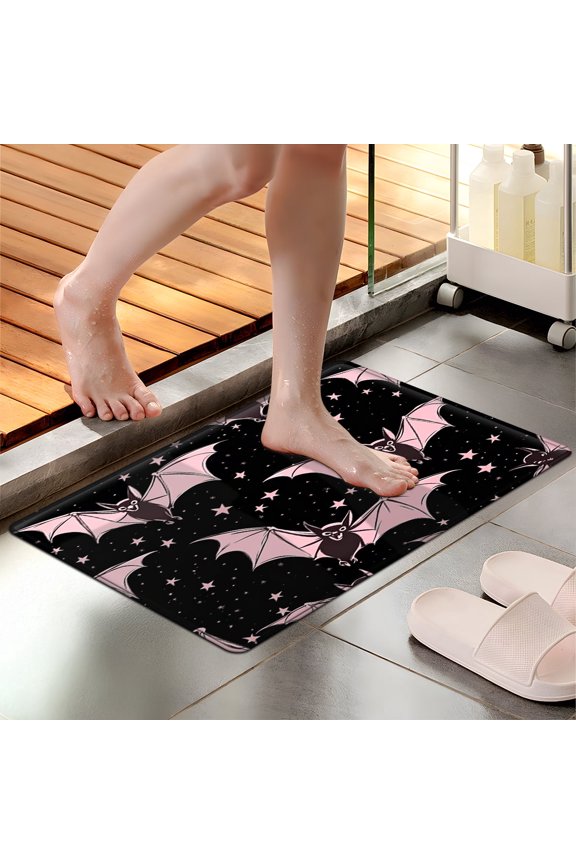 Pink bats for Halloween 1Pc Flannel Mat & Kitchen Rugs,Soft Non-slip,16''×24'' Inches,for Entryway Bathroom