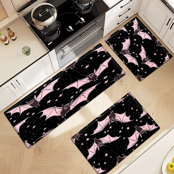 CCTFS Pink bats for Halloween Soft Non-slip 3Pcs Flannel Mat & Kitchen Rugs,Great for Entryway Bathroom