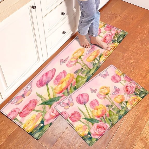 CCTFS Pink butterfly rose Kitchen Mat Rug Set - Perfect for Kitchen Counter, 16''*24''/47''*18'', Functional for Decoration