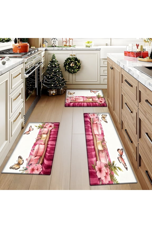 Pink porcelain tea set butterfly style Daily decorative floor mat, suitable for kitchen floor mat, bathroom floor mat, door mat -15.7'' x 23.6''+19.7'' x 31.5''+17.7'' x 47.2''