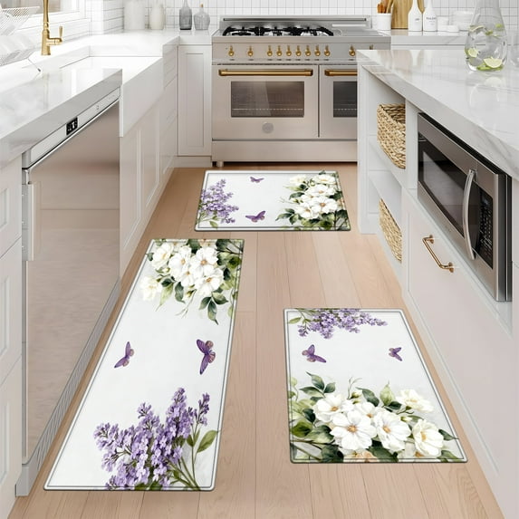CCTFS Purple Lilac Rose Butterfly Kitchen Mat Rug Set - Perfect for Kitchen Counter, 16''*24''/20''*32''/47''*18'', Functional for Decoration