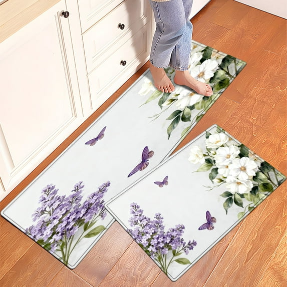 CCTFS Purple Lilac Rose Butterfly Kitchen Mat Washable Non-Skid Absorbent Runner Rugs (16''24''/47''18'') - 2 Pcs Recommended for Kitchen Sink Front/Floor, Suitable for All Age Groups