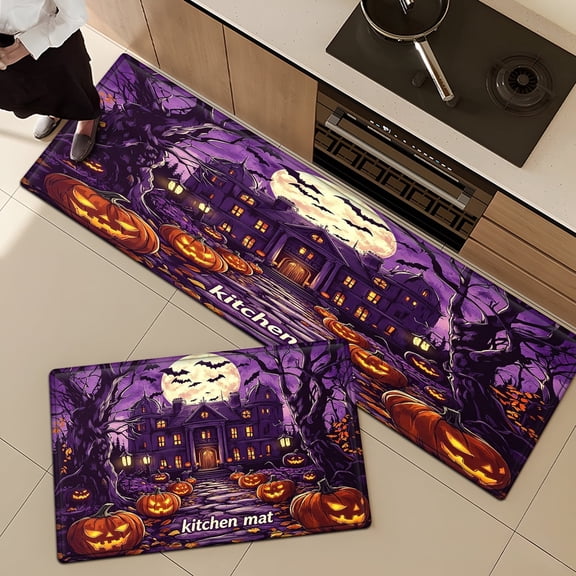 CCTFS Purple jack-o '-lanterns for Halloween 2Pcs Home Flannel Mat & Kitchen Rugs,Soft Non-slip for Bathroom Entryway
