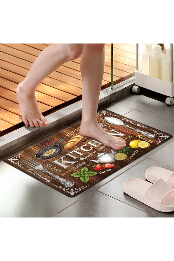 Retro Wood Kitchen Bread Omelet Multi-purpose 1-Piece Flannel Mat and Kitchen Rugs,Soft Non-slip for Home Bedroom Bathroom