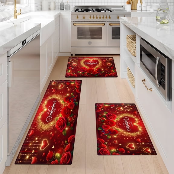 CCTFS Romantic Rose for Valentine's Day Kitchen Decor Set of 3 Christmas Fall Kitchen Rugs, Xmas Decorative Farmhouse Floor Mats for Home Kitchen Dining Room Decorations