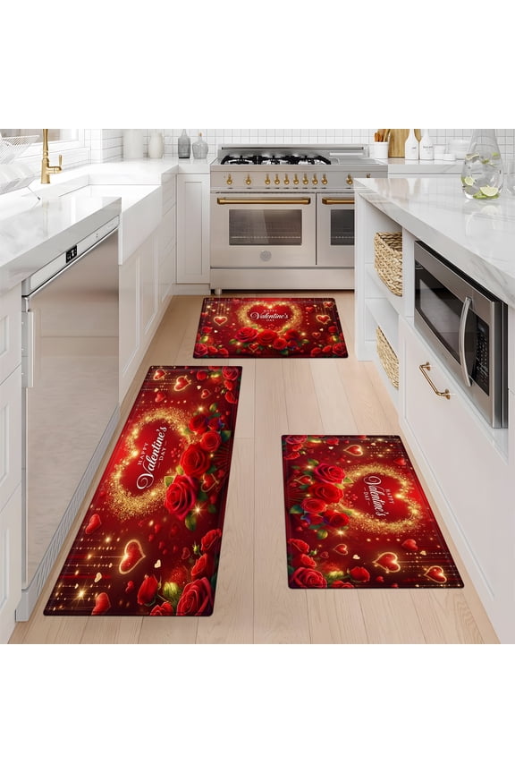 Romantic Rose for Valentine's Day Kitchen Decor Set of 3 Christmas Fall Kitchen Rugs, Xmas Decorative Farmhouse Floor Mats for Home Kitchen Dining Room Decorations