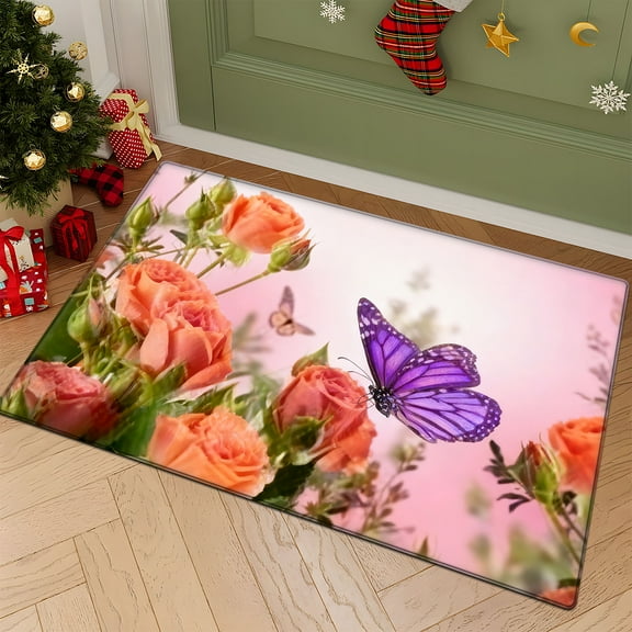 CCTFS Rose Butterfly style Valentine's Day decorative floor mat, suitable for kitchen floor mat, bathroom floor mat, door mat -15.7'' x 23.6''