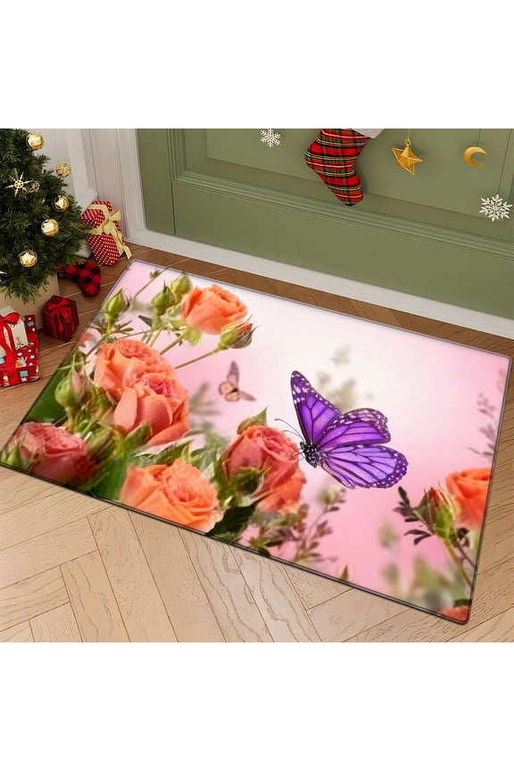 Rose Butterfly style Valentine's Day decorative floor mat, suitable for kitchen floor mat, bathroom floor mat, door mat -15.7'' x 23.6''