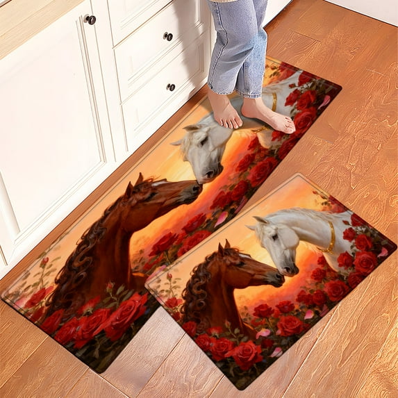 CCTFS Rose Horse Happy Valentine's Day Kitchen Mat Rug Set - Perfect for Kitchen Counter, 16''*24''/47''*18'', Functional for Decoration