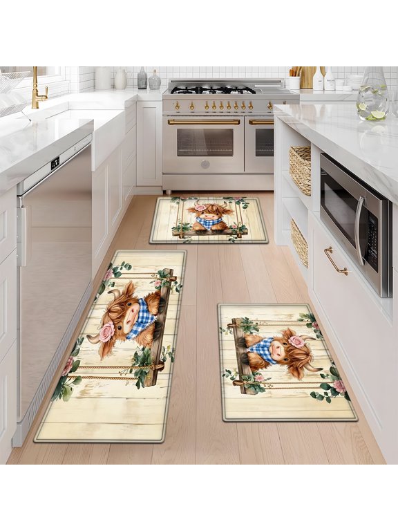 Spring Flowers Highland Cows floral rug Soft Non-slip 3Pcs Flannel Mat & Kitchen Rugs,Great for Entryway Bathroom