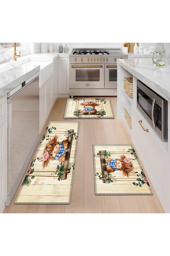 Spring Flowers Highland Cows floral rug Soft Non-slip 3Pcs Flannel Mat & Kitchen Rugs,Great for Entryway Bathroom