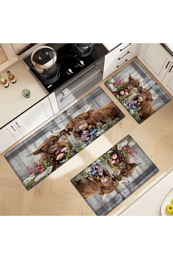 Spring Flowers with Highland Cow floral rug 3Pcs Flannel Mat and Kitchen Rugs Set,Soft Non-slip,Perfect for Home Bathroom