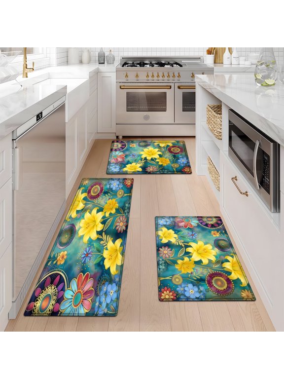 Springtime Floral Language 3Pcs Flannel Mat & Kitchen Rugs Set,Soft Non-slip,16''×24'' 20''×30'' 17''×47'' Inches,for Entryway Bathroom