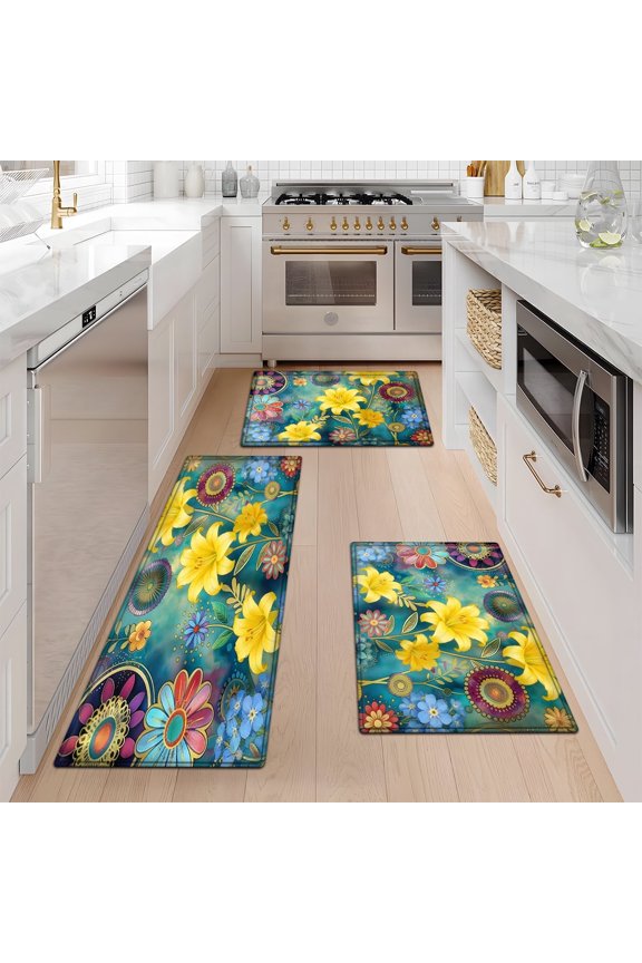Springtime Floral Language 3Pcs Flannel Mat & Kitchen Rugs Set,Soft Non-slip,16''×24'' 20''×30'' 17''×47'' Inches,for Entryway Bathroom