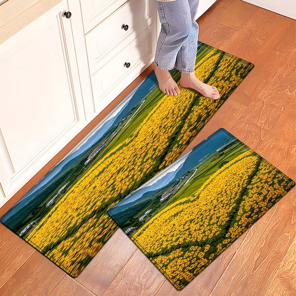 CCTFS Summer Pastoral Sunflower Flower Sea 2Pcs Versatile Flannel Mat & Kitchen Rugs,Soft Non-slip for Bathroom Entryway