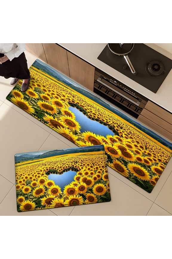 Summer Sunflower Heart Shaped Lake Daily Use 2Pcs Flannel Mat and Kitchen Rugs,Soft Non-slip for Home Entryway Bathroom
