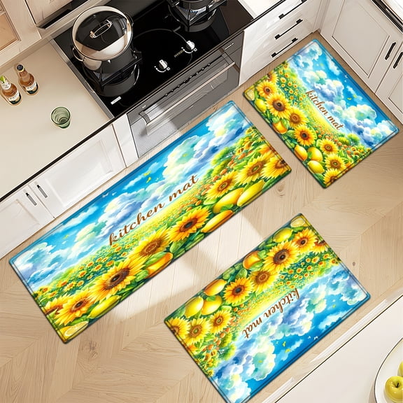 CCTFS Summer Sunflower Lemon Pastoral Soft Non-slip 3Pcs Flannel Mat & Kitchen Rugs,Great for Entryway Bathroom