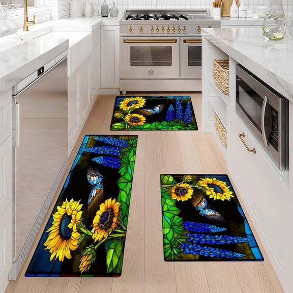 CCTFS Sunflower and Blue Butterfly Fall Kitchen Rugs Set of 3, Xmas Holiday Kitchen Mat Decor Home Decorations, Green Christmas Mats for Kitchen Floor - 16''*24'' and 20''*30'' and 17''*47'' in
