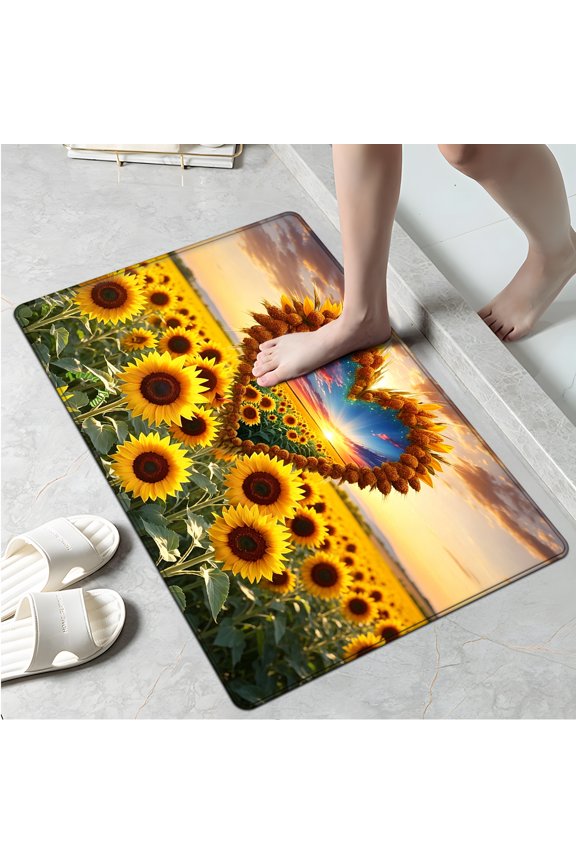 Sunflower Heart-Shaped Wreath Multi-purpose 1-Piece Flannel Mat and Kitchen Rugs,Soft Non-slip for Home Bedroom Bathroom