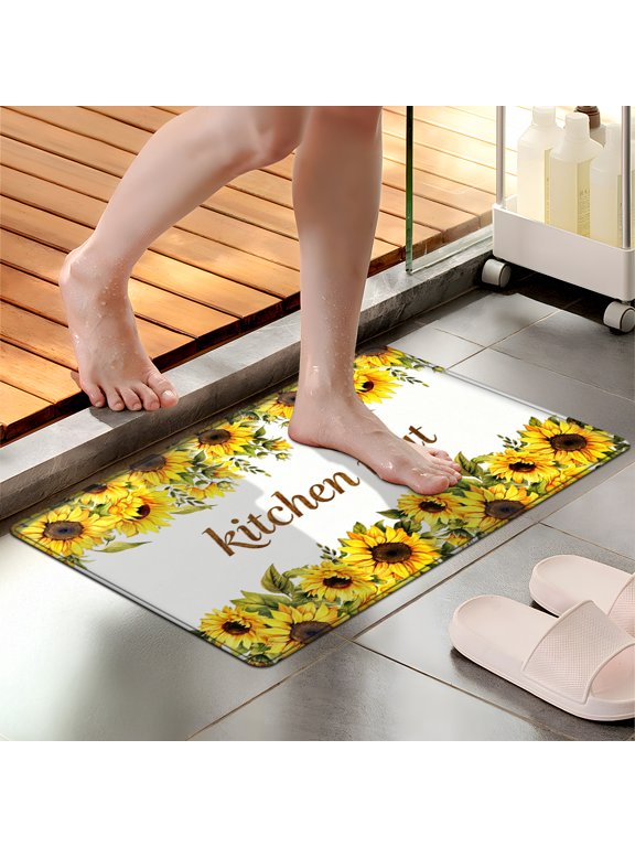 Sunflower Yellow and Green Border Kitchen Mat 1Pc Flannel Mat & Kitchen Rugs,Soft Non-slip,16''×24'' Inches,for Entryway Bathroom
