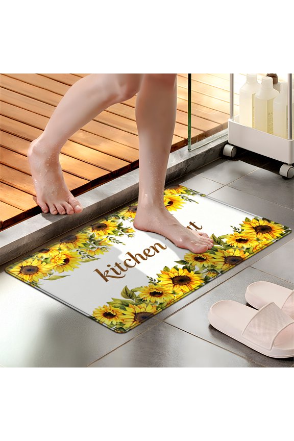 Sunflower Yellow and Green Border Kitchen Mat 1Pc Flannel Mat & Kitchen Rugs,Soft Non-slip,16''×24'' Inches,for Entryway Bathroom