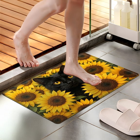 CCTFS Sunflower, black cat 1Pc Flannel Mat and Kitchen Rugs,Soft Non-slip,Perfect for Home Bathroom