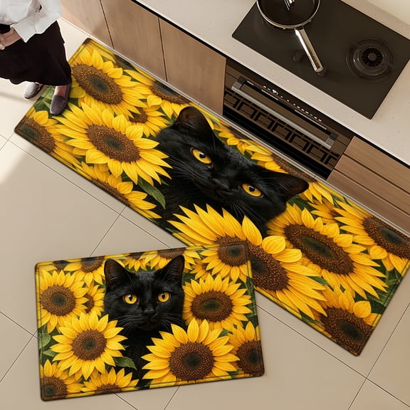 CCTFS Sunflower, black cat 2Pcs Versatile Flannel Mat & Kitchen Rugs,Soft Non-slip for Bathroom Entryway