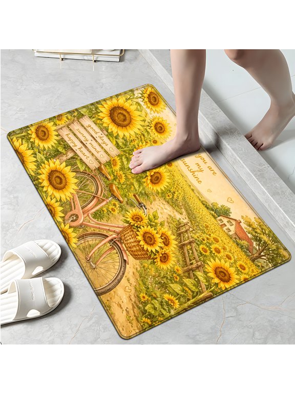 Sunflower fields in warm colors Soft Non-slip 1Pc Flannel Mat & Kitchen Rugs,Great for Entryway Bathroom