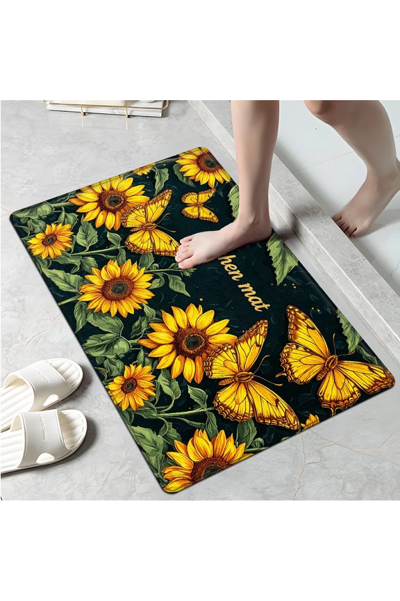 Sunflower yellow butterfly pattern mat Household 1Pc Flannel Mat and Kitchen Rugs,Soft Non-slip for Bedroom Entryway