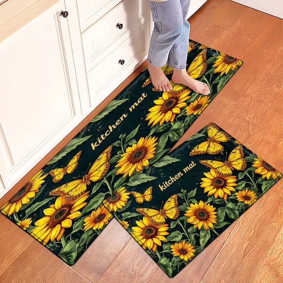 CCTFS Sunflower yellow butterfly pattern mat Soft Non-slip 2Pcs Flannel Mat and Kitchen Rugs,16''×24'' 17''x 47'',for Bathroom Bedroom Entry