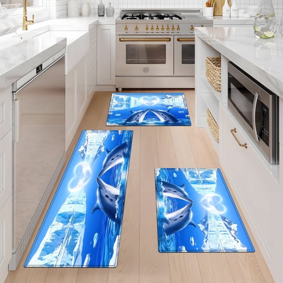 CCTFS Valentine's Day Dolphin Love Machine Washable Non-Slip Rubberback Indoor Runner Rug/Area Rug for Kitchen, Hallway, Kitchen, Entryway, Bathroom, 3 Piece Set - 16''*24''/20''*32''/47''*18''