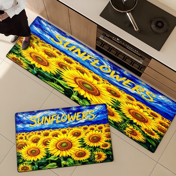 CCTFS Van Gogh style sunflower 2Pcs Versatile Flannel Mat & Kitchen Rugs,Soft Non-slip for Bathroom Entryway