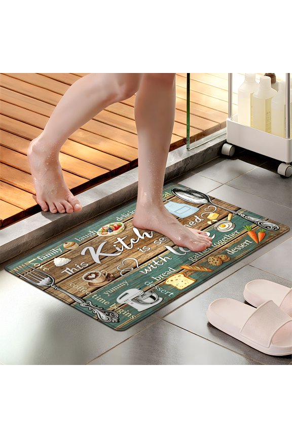 Warm kitchen with wooden background Multi-purpose 1-Piece Flannel Mat and Kitchen Rugs,Soft Non-slip for Home Bedroom Bathroom