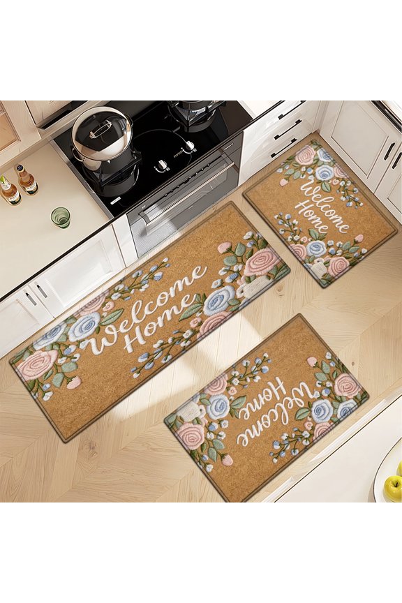 Welcome Home Floral rug Multi-purpose 3-Piece Flannel Mat and Kitchen Rugs,Soft Non-slip for Home Bedroom Bathroom