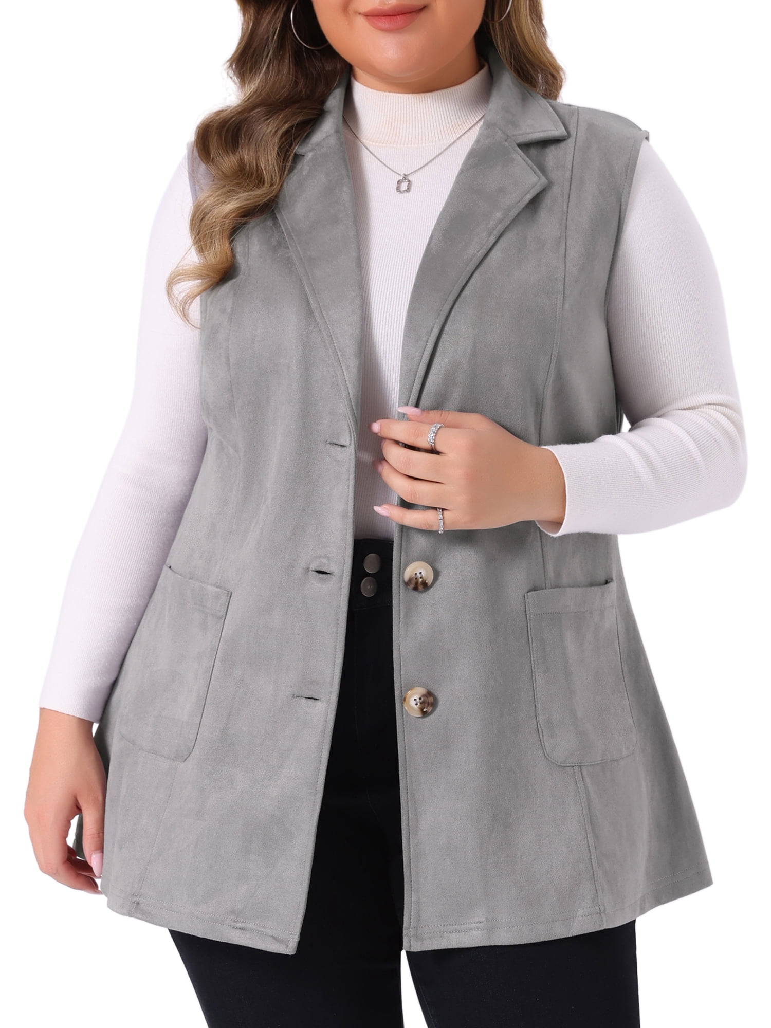 DARING DIVA Women's Plus Size Lapel Sleeveless Lightweight Suede Vests 3X Grey