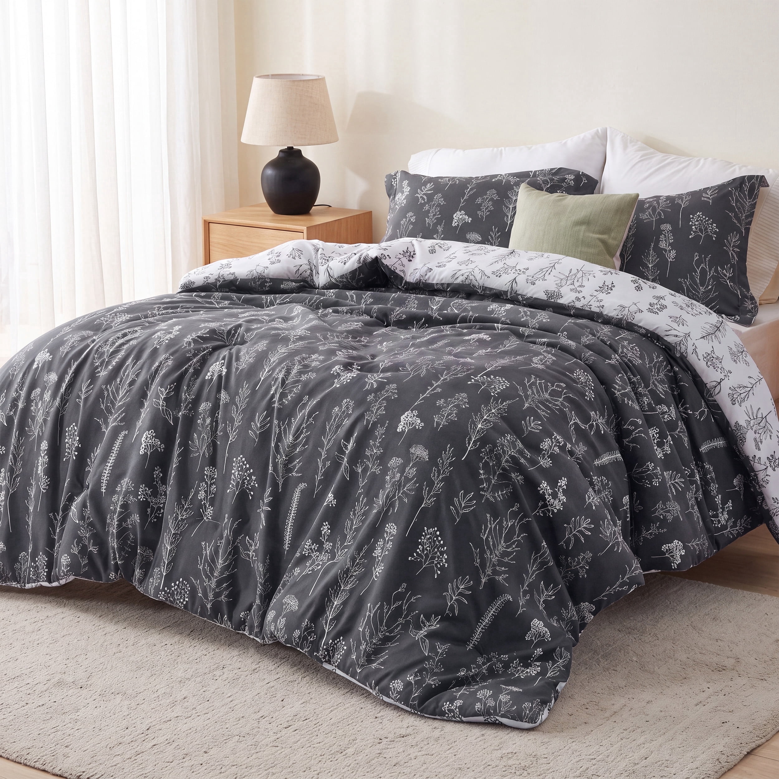 U Bedsure U by Bedsure 2 Pieces Dark Grey Floral Comforter Sets, 1 Botanical Flowers Reversible Comforter and 1 Pillow Sham, Twin Size