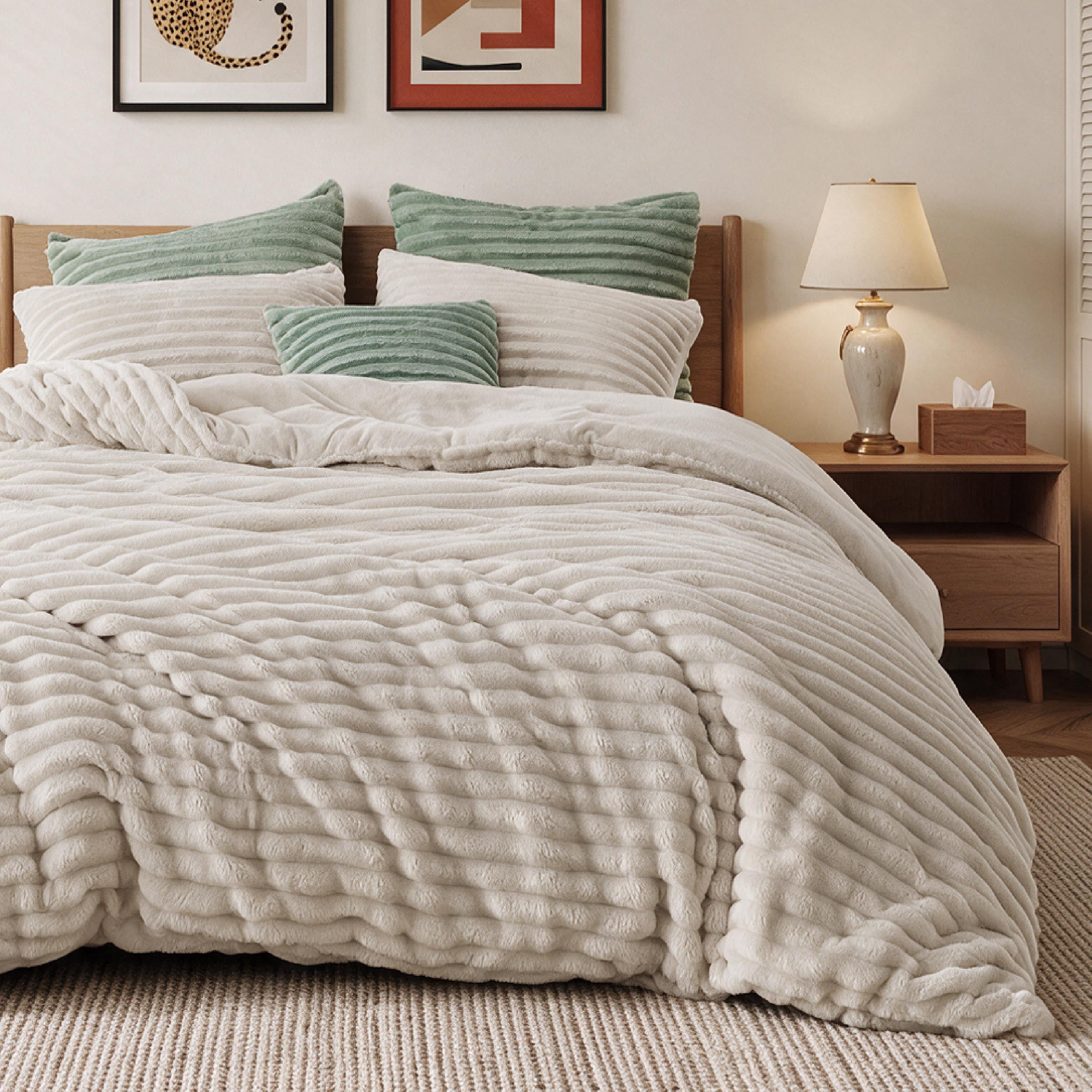 U Bedsure U by Bedsure Fluffy Beige Comforter Set King, 3 Pieces Super Soft Faux Fur Fleece King Bedding Set, 1 Luxury Shaggy Fuzzy Comforter with 2 Pillowcases