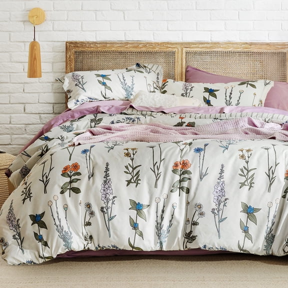 U by Bedsure 3 Pieces White Floral Comforter Sets, 1 Botanical Flowers Reversible Comforter and 2 Pillow Shams, Queen Size