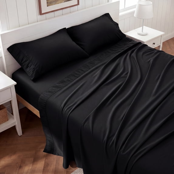 U by Bedsure Twin-XL Sheets Set, 3 Pieces Dorm Deep Pockets Cooling Soft Polyester Microfiber Bed Sheets Set, Black