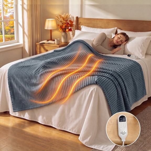 U by Bedsure Heated Electric Blanket Throw 50" x 60", Ribbed Flannel Soft Heated Blanket with Preheat, 6 Heat Settings & 10Hs Auto off, Machine Washable, Grey