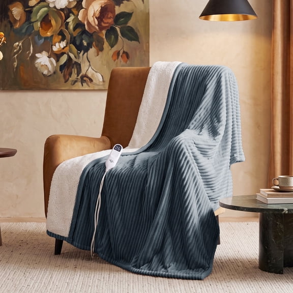 U by Bedsure Electric Heated Blanket Throw Size 50" x 60" with Preheat Function, Soft Ribbed Flannel Grey, Fast Heating with 6 Time Settings (Up to 10H) & 6 Heat Settings, Gifts for Grandma