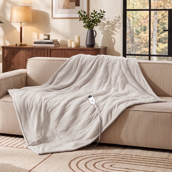 U by Bedsure Electric Heated Blanket Queen Size 84" x 90" with Preheat Function, Soft Flannel Natural, Fast Heating with 6 Time Settings (Up to 10H) & 6 Heat Settings,Gifts for Grandma