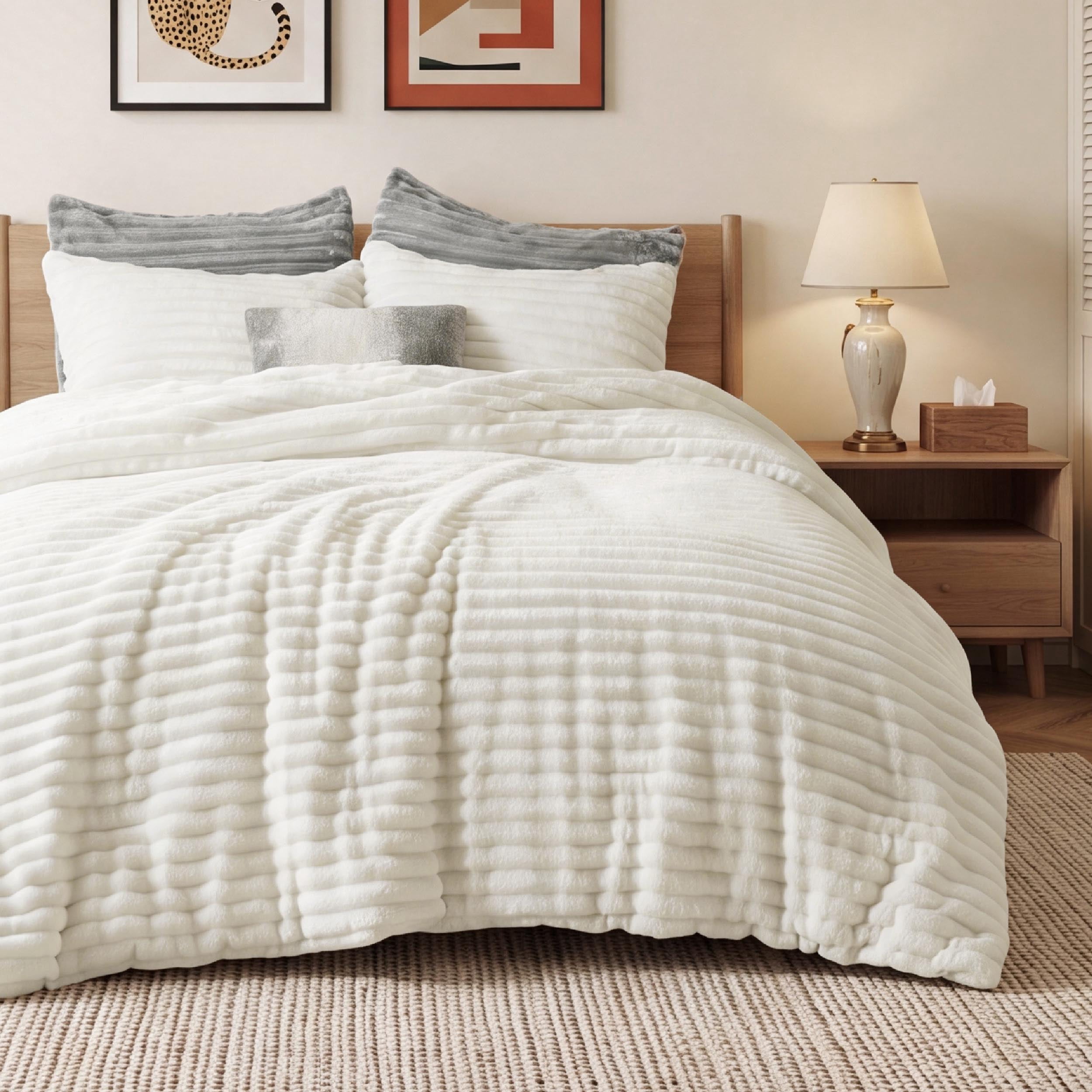 U Bedsure U by Bedsure Fluffy Cream White Comforter Set Queen, 3 Pieces Super Soft Faux Fur Fleece Queen Bedding Set, 1 Luxury Shaggy Fuzzy Comforter with 2 Pillowcases