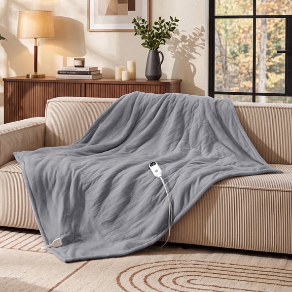 U by Bedsure Electric Heated Blanket Throw Size 50" x 60" with Preheat Function, Soft Flannel Grey, Fast Heating with 6 Time Settings (up to 10H) & 6 Heat Settings, Gifts for Grandma