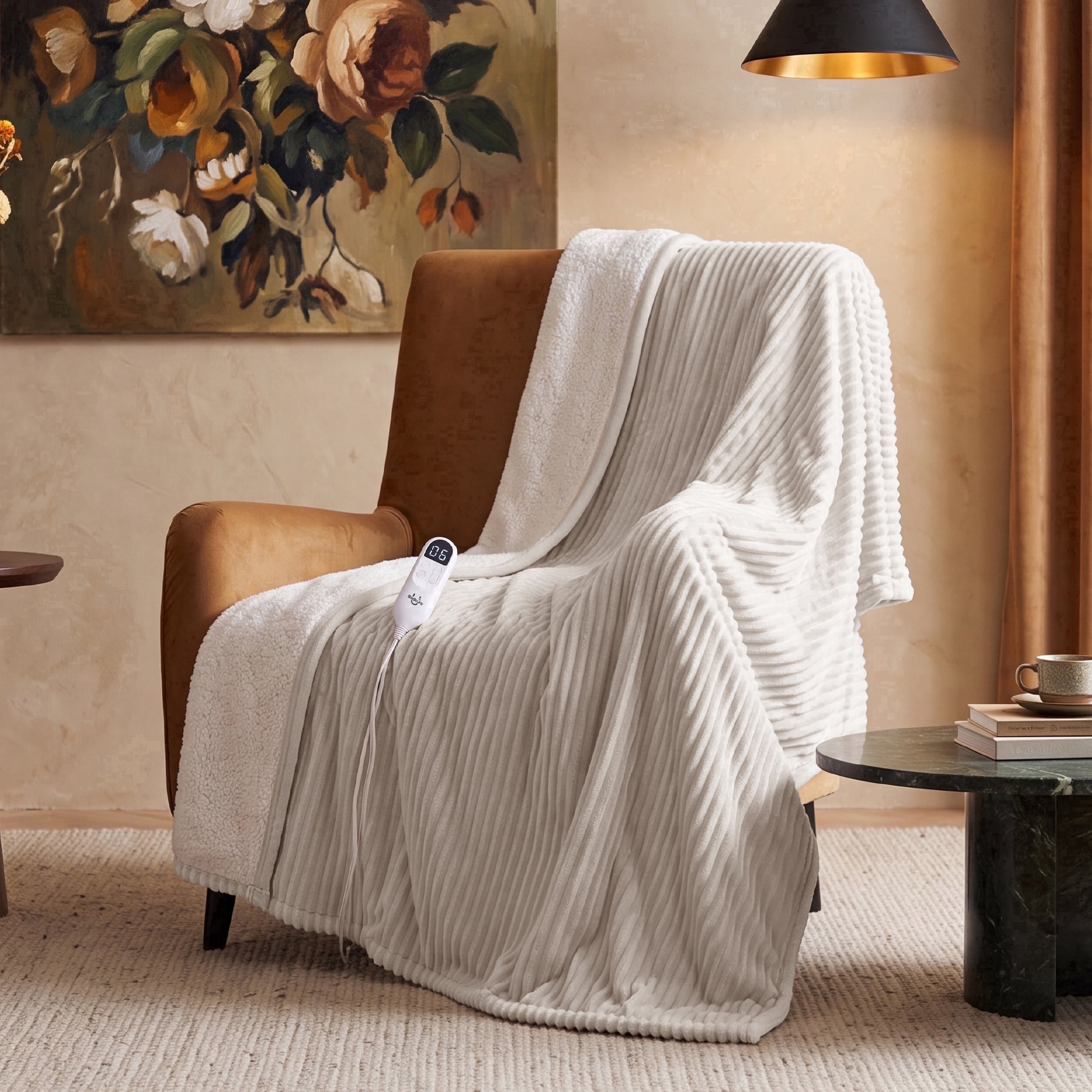 U Bedsure U by Bedsure Electric Heated Blanket Twin Size 62"x84" with Preheat Function, Soft Ribbed Flannel Natural, Fast Heating with 6 Time Settings (up to 10H) & 6 Heat Settings, Gifts for Grandma