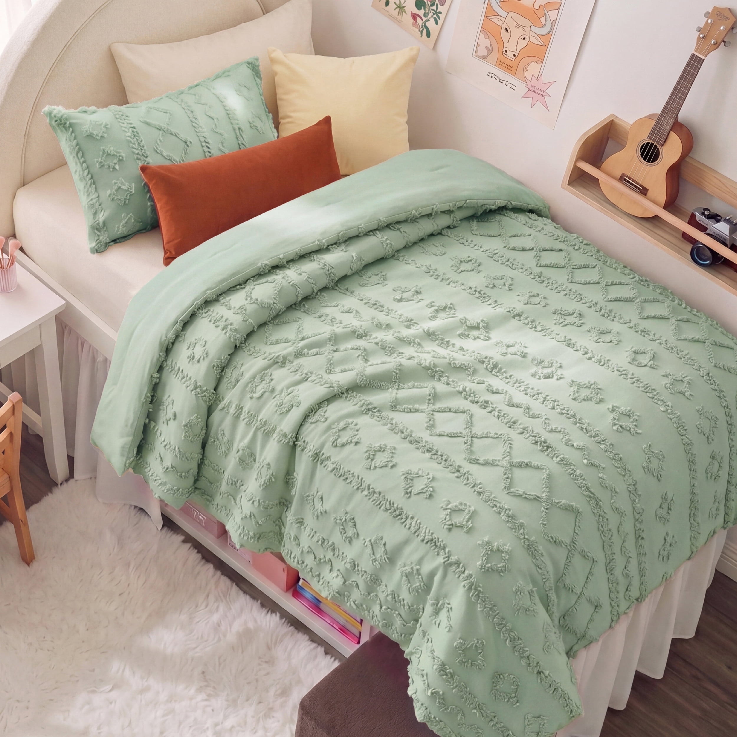 U Bedsure U by Bedsure Tufted Boho Twin/Twin XL Comforter Set, 2 Pieces Farmhouse Shabby Chic Embroidery Bed Set, Soft Jacquard Green Comforter for All Seasons, Aqua Gray
