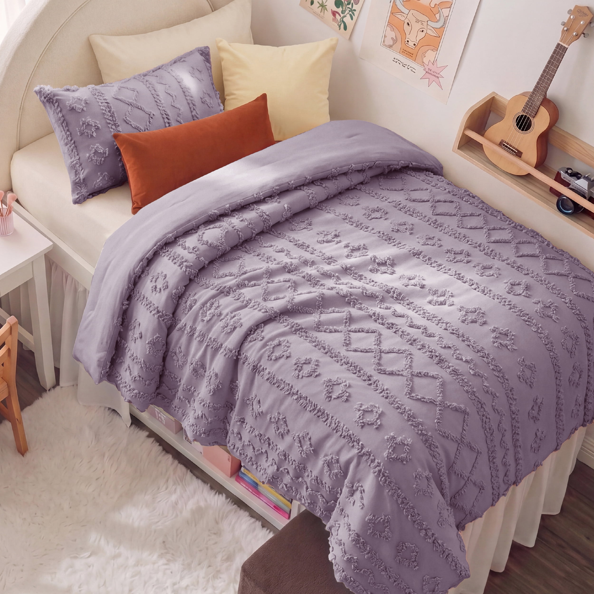 U Bedsure U by Bedsure Twin/Twin XL Tufted Boho Comforter Set, 2 Pieces Farmhouse Shabby Chic Embroidery Bed Set, Soft Jacquard Grayish Purple Comforter for All Seasons