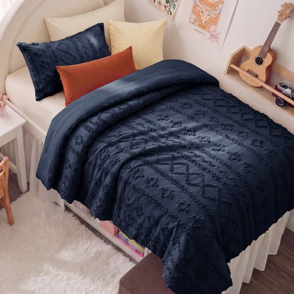 U by Bedsure Twin/Twin XL Tufted Boho Comforter Set, 2 Pieces Farmhouse Shabby Chic Embroidery Bed Set, Soft Jacquard Navy Comforter for All Seasons