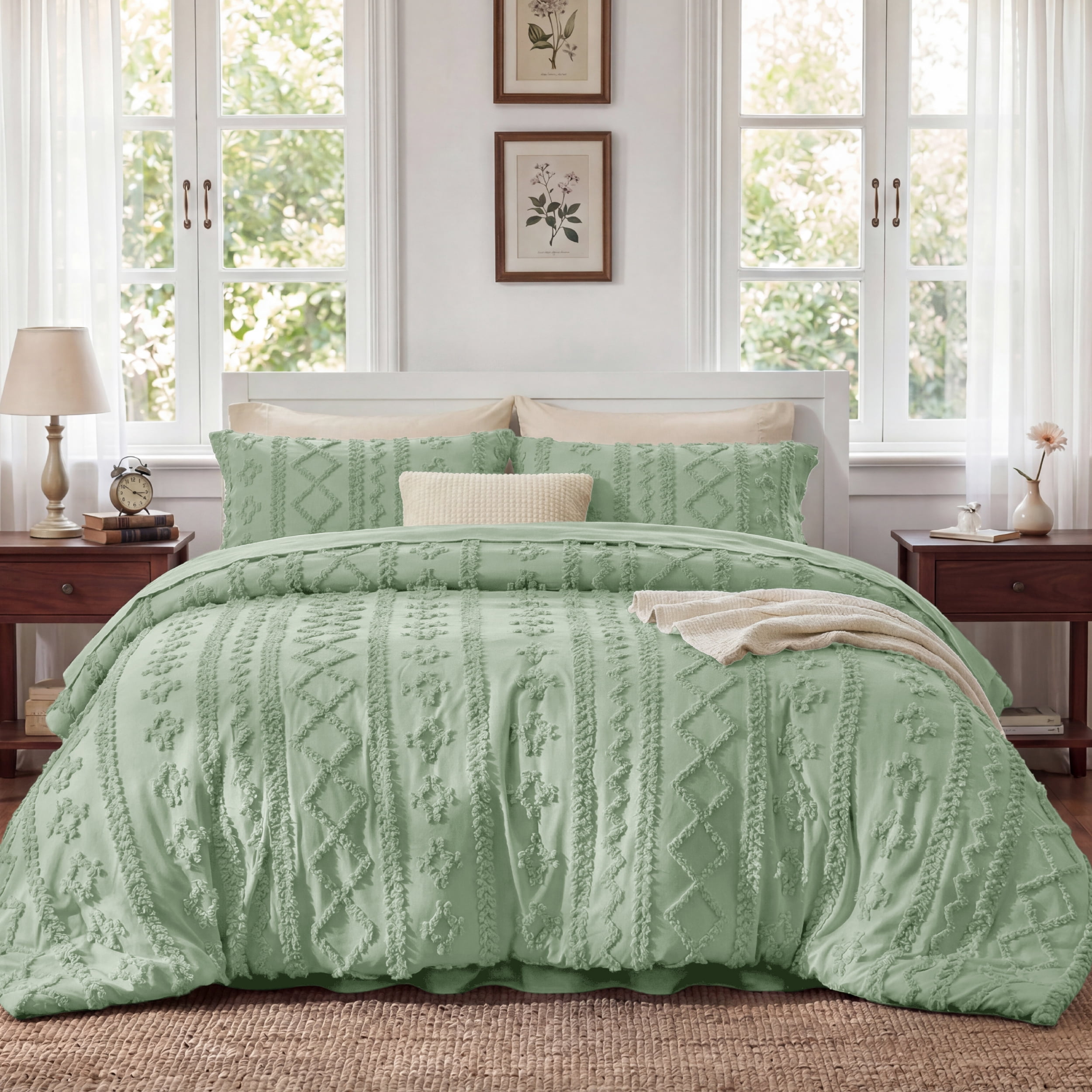 U Bedsure U by Bedsure Queen Tufted Boho Comforter Set, 3 Pieces Farmhouse Shabby Chic Embroidery Bed Set, Soft Jacquard Green Comforter for All Seasons, Aqua Gray